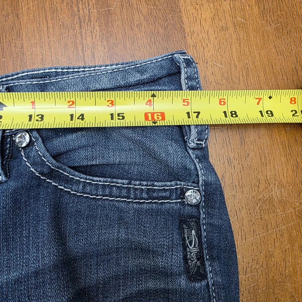 Silver‎ Pioneer Jeans Women's Boot Cut Dark Wash Denim Embellished Pockets 30/33